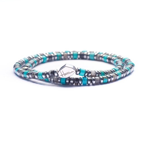 Bracciale Molla Pietre Unisex Turchese e Grigio Argento