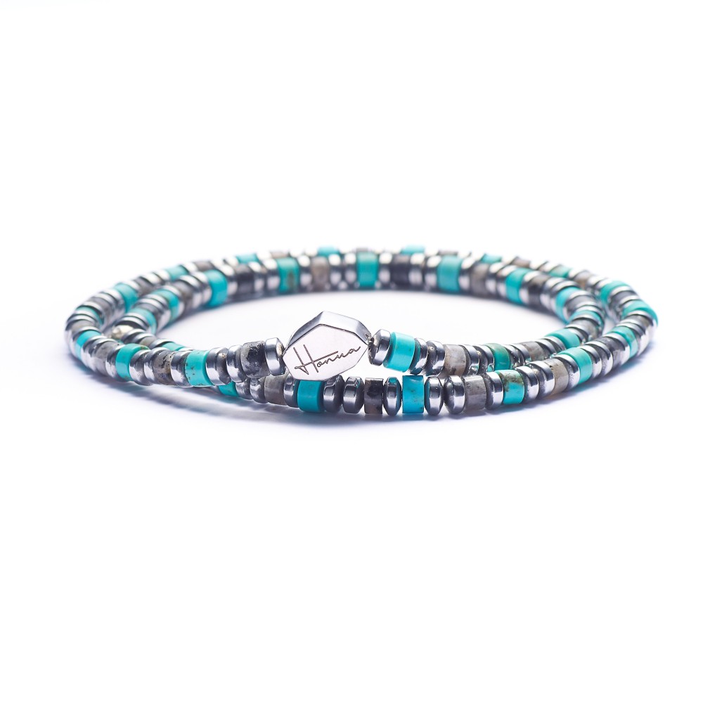 Bracciale Molla Pietre Unisex Turchese e Grigio Argento