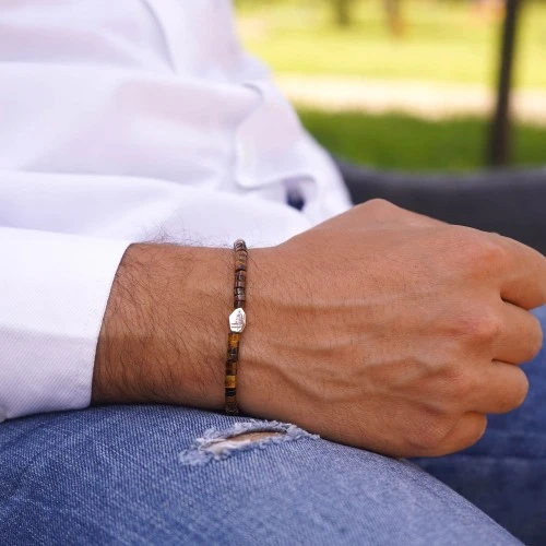 Bracciale Uomo Donna Heishi Pietre Dure Occhio di Tigre Argento 925 2