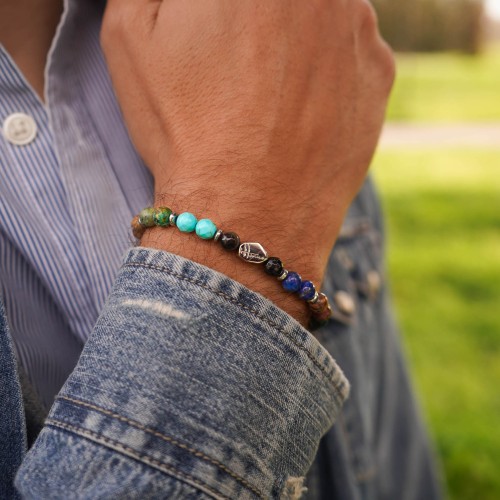 Bracciale Uomo Donna Pietre Dure Naturali Turchese Agata Occhio di Tigre lapislazzuli Argento 925 2