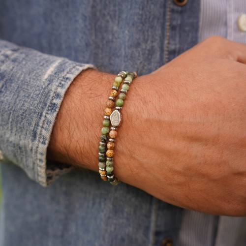 Bracciale Uomo Pietre Dure molla sfere palline turchese diaspro ematite argento 2