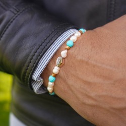 Bracciale Uomo Donna Perle Turchese Pietre Dure e Argento 925% - 3