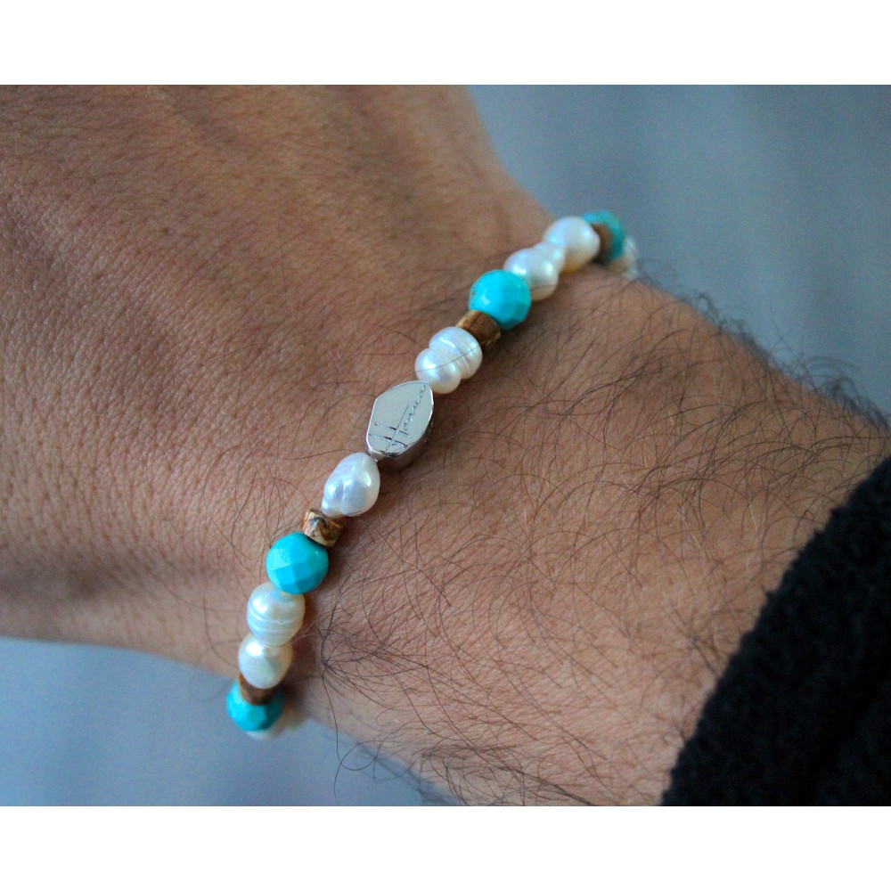 Bracciale Uomo Donna Perle Turchese Pietre Dure e Argento 925% - 6