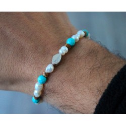 Bracciale Uomo Donna Perle Turchese Pietre Dure e Argento 925% - 6
